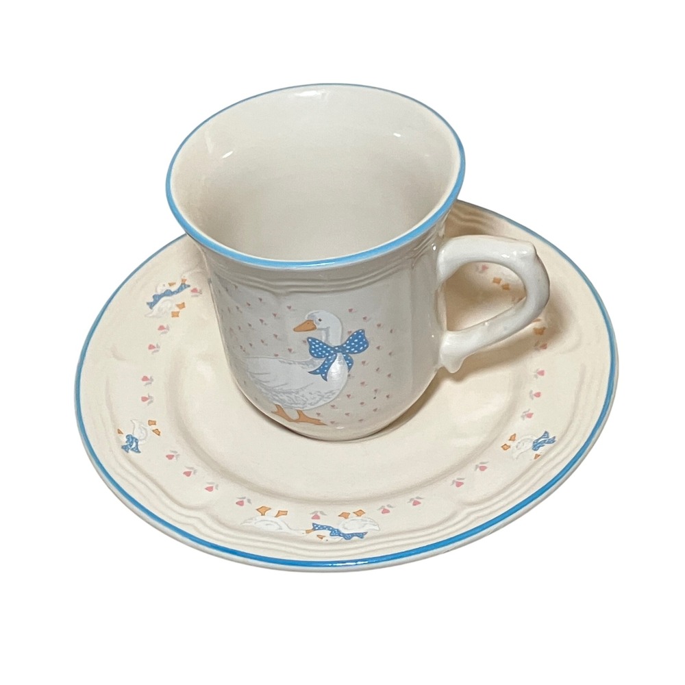Brickoven Stoneware Aunt Rhody Goose Cup & Saucer Blue Trim Country Farmhouse